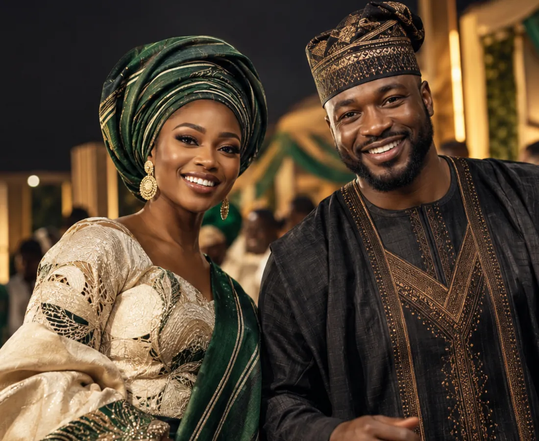 A couple in green, gold and cream Nigerian dress at an evening reception, with lit pillars and guests behind them